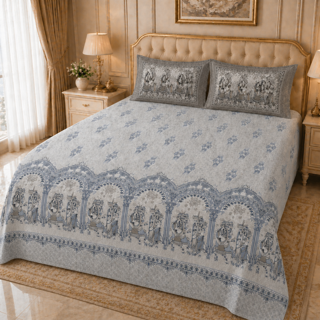 100% Pure Cotton Ethnic Blue Panel Print King Size Bedsheet Set with 2 Pillow Covers