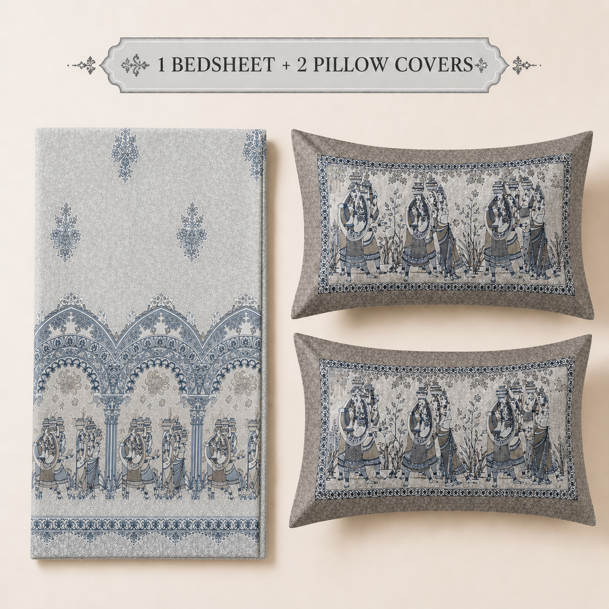 100% Pure Cotton Ethnic Blue Panel Print King Size Bedsheet Set with 2 Pillow Covers