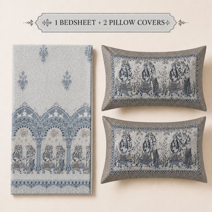 100% Pure Cotton Ethnic Blue Panel Print King Size Bedsheet Set with 2 Pillow Covers