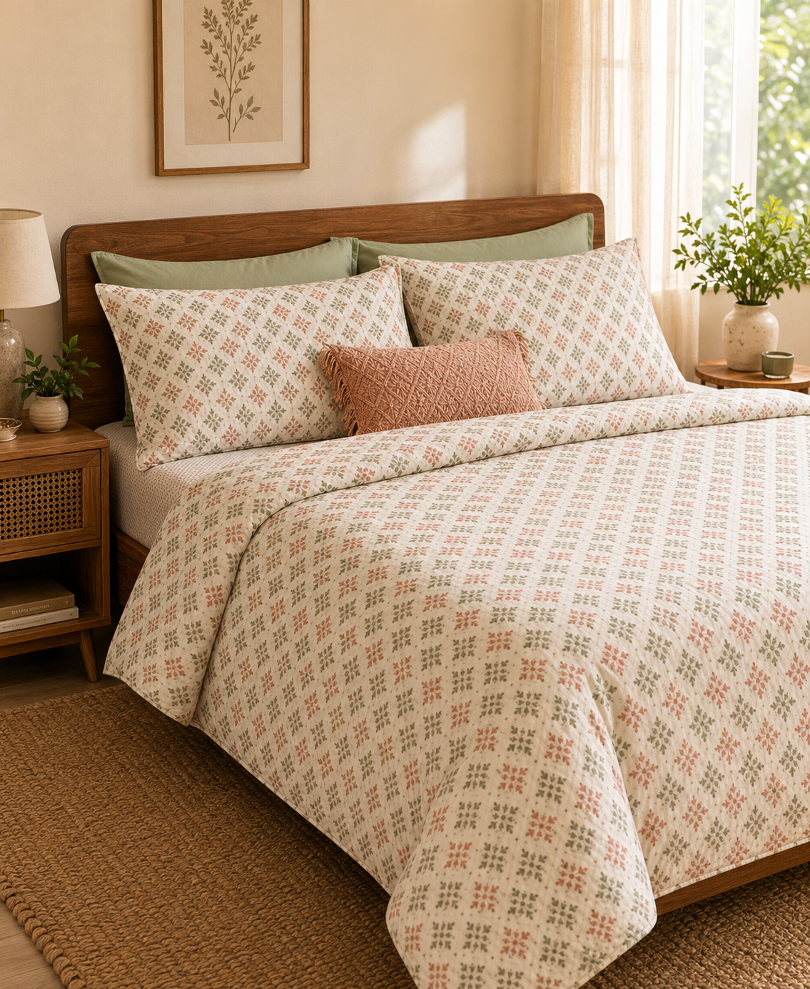 Printed bedsheet styled in a warm bedroom
