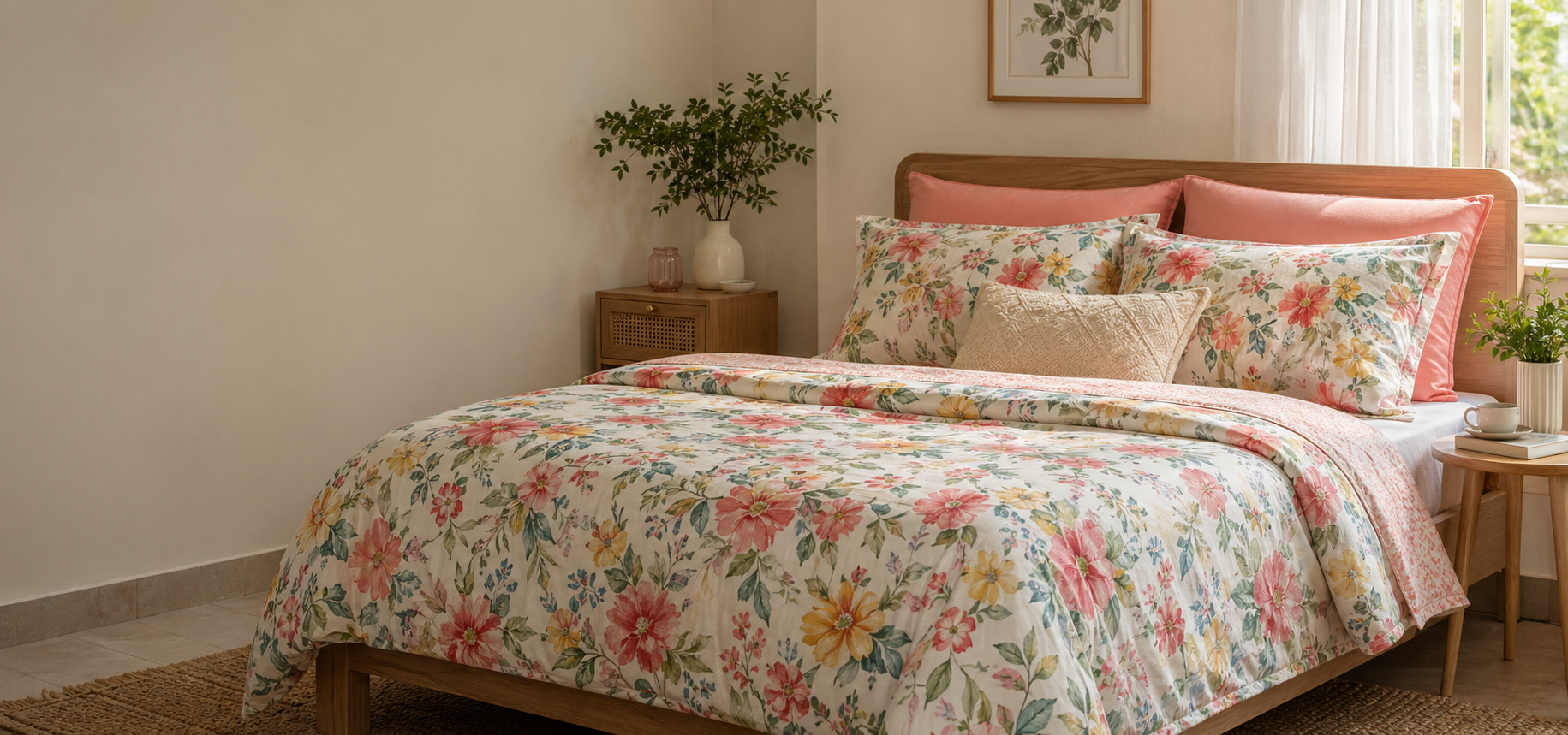 Fresh printed bedsheet with matching pillow covers in a bright Indian bedroom